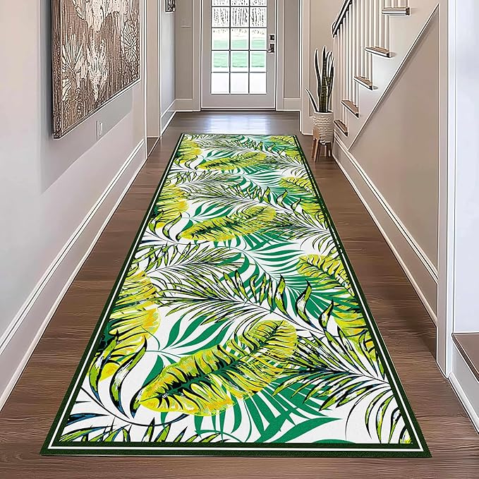 Green Botanical Tropical Leaves Rug 3.3x7ft - Non-Slip Washable Runner, Soft Durable Floor Mat for Hallway, Kitchen, Bedside, Entryway Home Decor