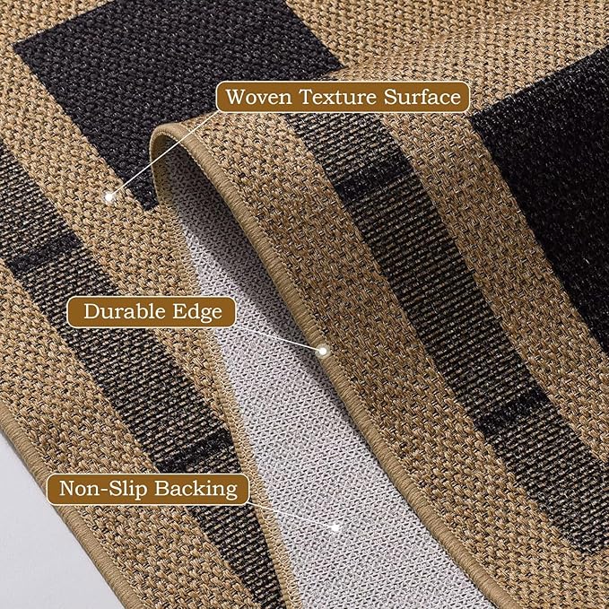 Vasofe Washable Small Entry Rug, 2x3 Checkered Jute Rugs Outdoor Indoor Front Door Mat, Non-Slip Bedroom Entrance Doorway Kitchen Mats, Plaid Farmhouse Porch Carpet, Black and Brown