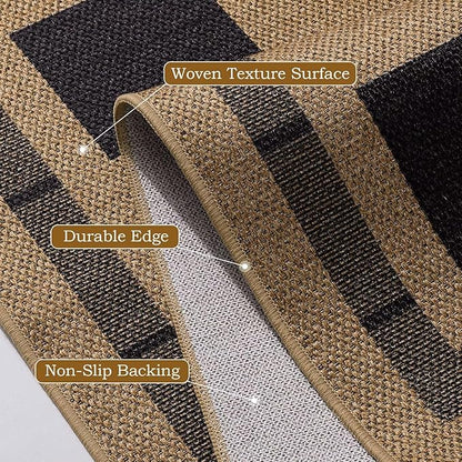 Checkered Jute Rugs, 6x9 Large Washable Outdoor Patio Rug, Living Room Bedroom Dining Room Indoor Carpet, Non Slip Modern Farmhouse Design Neutral Geometric Porch Classroom Mat, Black and Brown