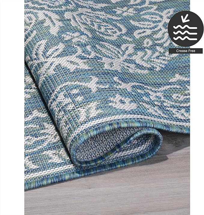 FH Home Flat Woven Outdoor Rug - Waterproof, Easy to Clean, Stain Resistant - Premium Polypropylene Yarn - Farmhouse - Patio, Porch, Deck, Balcony - Marbella - Ocean - 5ft 4in x 7ft 6in