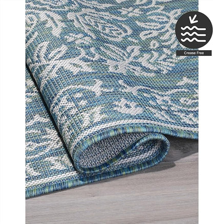 FH Home Flat Woven Outdoor Rug - Waterproof, Easy to Clean, Stain Resistant - Premium Polypropylene Yarn - Farmhouse - Patio, Porch, Deck, Balcony - Marbella - Ocean - 5ft 4in x 7ft 6in