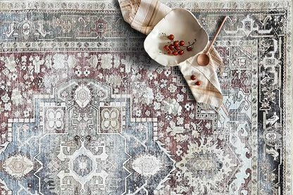Fame Living Faded Oushak Rug, Turkish Vintage Floral Pastel Large Oversized Area Rugs for Living Room Dining Bedroom Kitchen Bathroom Nursery (848CrNv, 2' x 3')