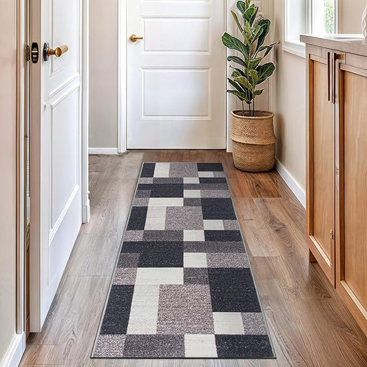 Rugshop Modern Boxes Design Non-Slip (Non-Skid) Carpet for Kitchen, Hallway,Entryway Runner Rug 2'7" x 6' Gray