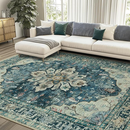 Area Rugs 8'x10' Washable Non-Slip, Floral Vintage Distress Print Pattern Medallion Carpet for Living Room Bedroom Dining Room, Dark Blue Vintage