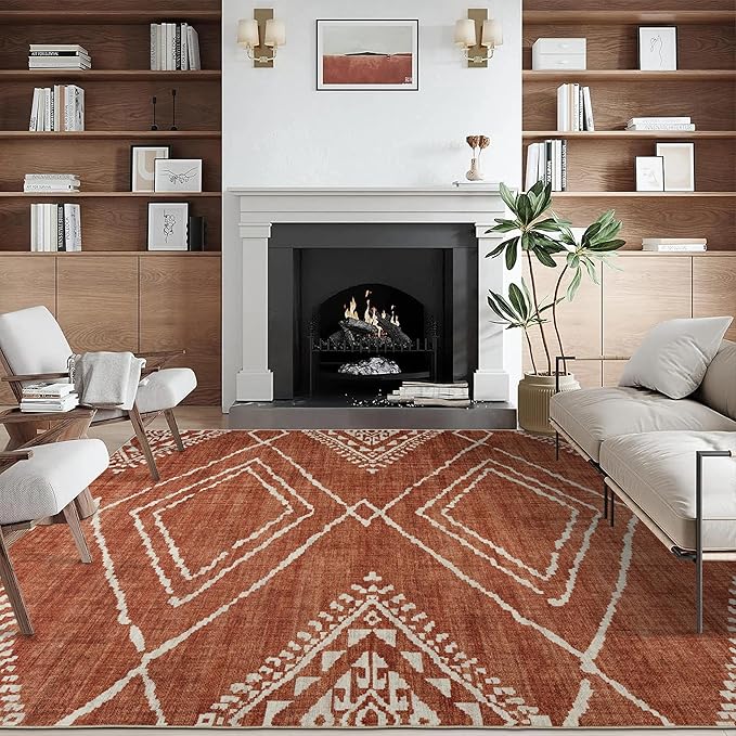 ReaLife Rugs Machine Washable Area Rug - Living Room Bedroom Bathroom Kitchen Entryway Office - Padded Low Pile Stain Resistant Premium - Moroccan Diamond Tribal - Jax - Orange 6' x 8'