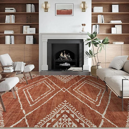 ReaLife Rugs Machine Washable Area Rug - Living Room Bedroom Bathroom Kitchen Entryway Office - Padded Low Pile Stain Resistant Premium - Moroccan Diamond Tribal - Jax - Orange 6' x 8'