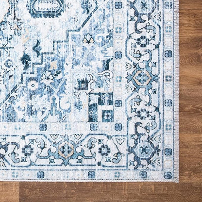 Bloom Rugs Caria Washable Non-Slip 7 ft Runner - Blue Traditional Runner for Entryway, Hallway, Bathroom, and Kitchen - Exact Size: 2'6" x 7'