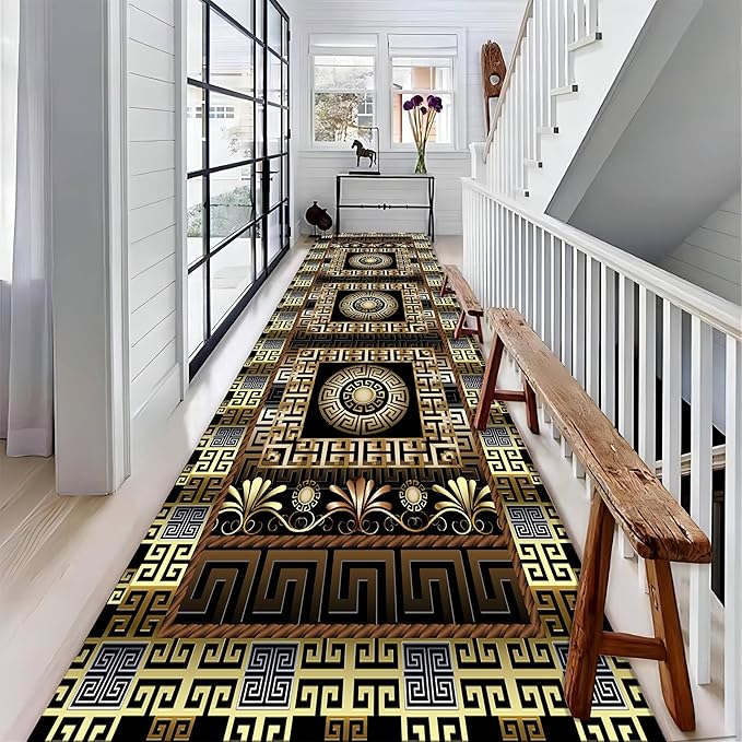Luxury Greek Key Runner Rug, 2x6ft, Black Gold Arabic Style Long Hallway Rug Runners, Modern Black Gold Rugs for Living Room, Easy Clean Pet Friendly Non-Slip Mat for Entryway Floor