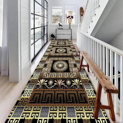 Luxury Greek Key Runner Rug, 4x12ft, Black Gold Arabic Style Long Hallway Rug Runners, Modern Black Gold Rugs for Living Room, Easy Clean Pet Friendly Non-Slip Mat for Entryway Floor