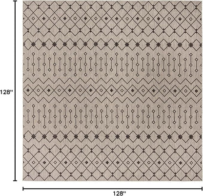 Unique Loom Outdoor Trellis Collection Area Rug - Tribal Trellis (10' 8" Square, Gray/ Black)