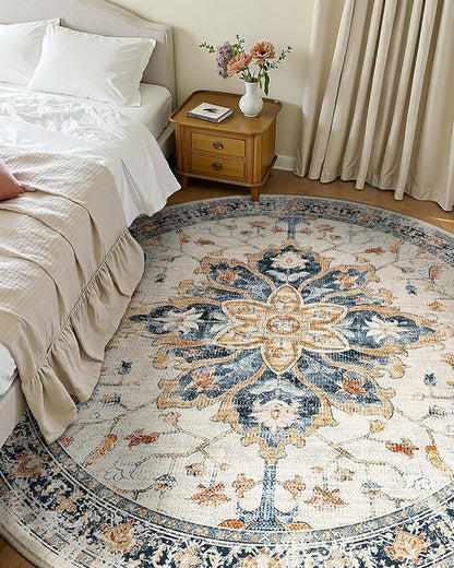 Area Rugs 7ft Washable Non-Slip, Floral Vintage Distress Print Pattern Medallion Carpet for Living Room Bedroom Dining Room, Beige Navy Blue Orange Colorful
