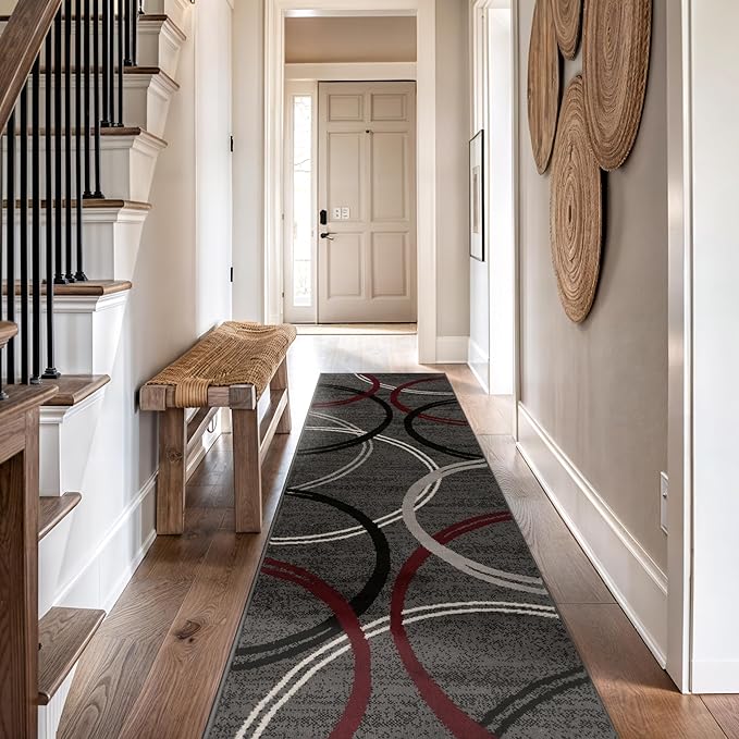 Rugshop Modern Wavy Circles Design Non-Shedding Runner Rug, Carpet for Hallway, Entryway, or Kitchen, Red, 2'7" x 12'