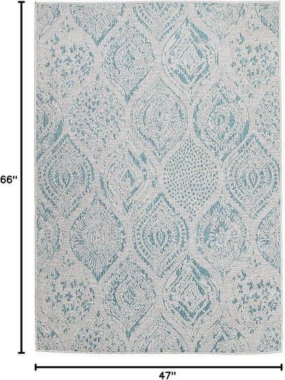 FH Home Flat Woven Outdoor Rug - Waterproof, Easy to Clean, Stain Resistant - Premium Polypropylene Yarn - Distressed Farmhouse - Patio, Deck, Porch, Balcony - Granada - Aqua - 3ft 11in x 5ft 6in