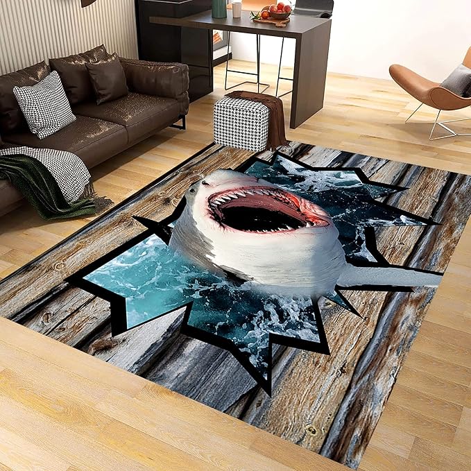 Sea Shark Kids Rugs, 4x6ft, Fierce Shark 3D Printed Carpet for Indoor, Marine Animals Broken Wooden Boards Realistic Effect Floor Mat, Dirty Resistant Machine Washable Carpets for Dorm