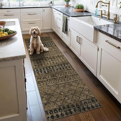 2x6 Machine Washable Runner Rug, Kitchen Hallway Area Rug, Brown Black Vintage Moroccan Rug Ultra Non-Slip Low Pile Soft Faux Wool Carpet, Kids and Pets Friendly for Bedroom Entryway Bedside Decor Rug