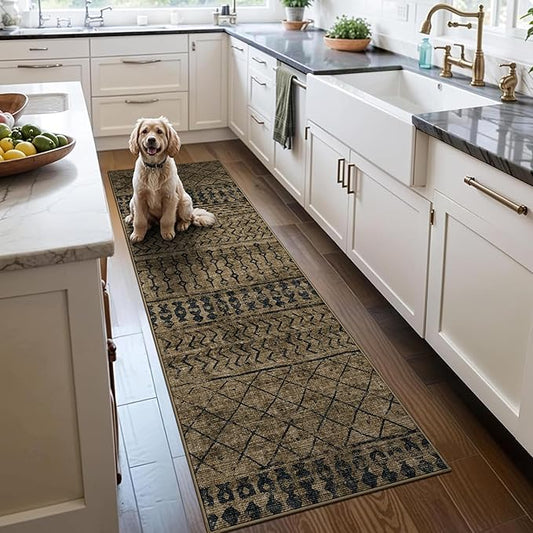 2x6 Machine Washable Runner Rug, Kitchen Hallway Area Rug, Brown Black Vintage Moroccan Rug Ultra Non-Slip Low Pile Soft Faux Wool Carpet, Kids and Pets Friendly for Bedroom Entryway Bedside Decor Rug