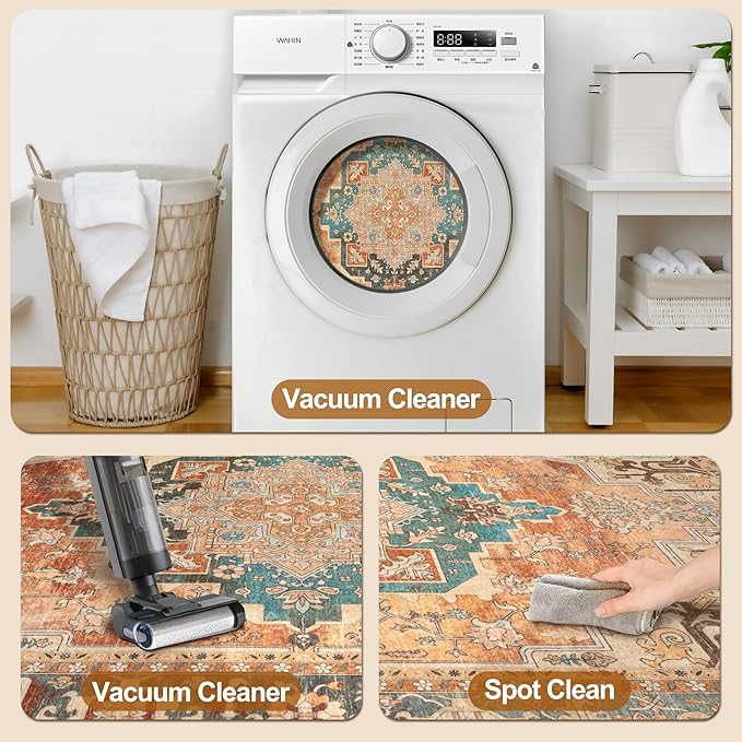 Tangsoo 2x5 Washable Runner Rug for Hallways, Non Slip Vintage Runner Rug, Soft Low Pile Long Rug Runner, Print Distressed Carpet Runners for Kitchen Bedroom Entryway Bathroom Living room Rusty Orange