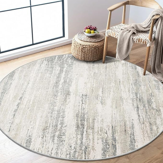 MUJOO Round Rug 4ft,Small Cicle Area Rug Washable,Circular Throw Carpet for Entryway Bedroom Kitchen,Modern Abstract Non Slip Indoor Accent Neutral Beige and Grey