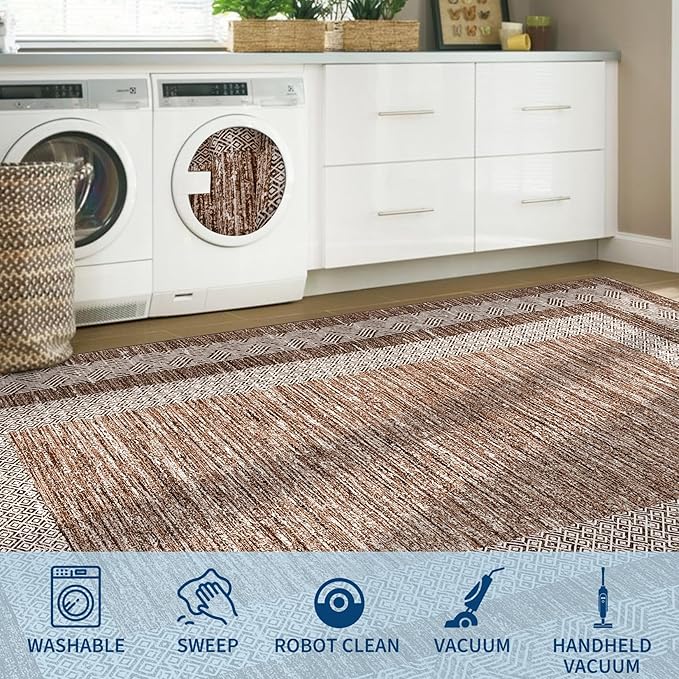GarveeHome Large Washable Rug 9x12 Modern Geometric Non Slip Distressed Bordered Printed Rug, Soft Non Shedding Indoor Carpet, Low Pile Thin Foldable Mats for Open Spaces Offices, Brown