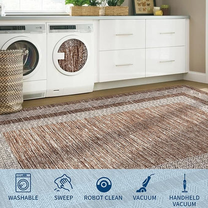 GarveeHome Modern Geometric Rug 4x6 Washable Rug for Living Room, Soft Non Shedding Indoor Carpet with Non Slip TPR Backing, Low Pile Thin Foldable Printed Floor Mats for Dining Room, Brown