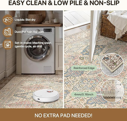 GENIMO 8x10 Area Rugs for Living Room, Machine Washable Non Slip Vintage Rugs, Low Pile Lightweight Chenille Print Rug for Bedroom, Dining Room, Home Office, Beige Cream