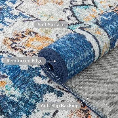 Easy-Going Round Area Rug 3ft Washable Boho Small Circle Rugs for Living Room Non-Slip Bedroom Rug Low Pile Lightweight Tangerine Vintage Throw Rug for Dining Room Kitchen Office, Floral Aqua Yellow