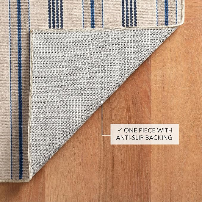 Dash and Albert Nimes Ticking Machine Washable Area Rug - 2.5' x 8' Runner Neutral Stripe Washable Accent Rug - Durable, High Traffic Kitchen, Mudroom, Hallways