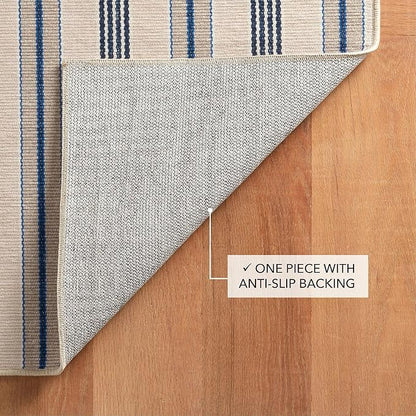 Dash and Albert Nimes Ticking Machine Washable Area Rug - 6' x 9' Neutral Stripe Washable Accent Rug - Durable, High Traffic Areas Kitchen, Mudroom, Hallways