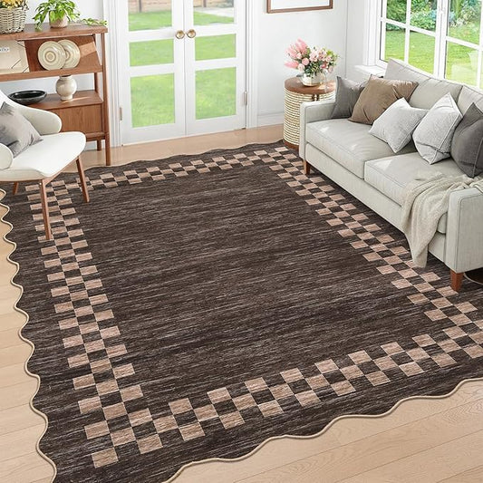 GarveeHome Scalloped Washable Rug 9x12 Area Rug for Living Room Modern Border Large Bedroom Throw Carpet with Rubber Backing Stain Resistant Boho Rug for Dining Room Home Decor Office, Brown