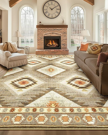Area Rug 7x9 Rug Machine Washable Non-Slip Low Pile Print Pattern Western Rug for Living Room Bedroom Entryway Tribal Series-Cream/Camel