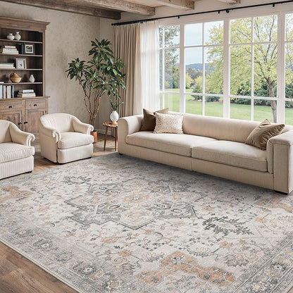 10x14 Area Rugs for Living Room, Non Slip Machine Washable Vintage Rugs, Low Pile Lightweight Print Large Rug for Bedroom, Dining Room, Home Office, Light Taupe Brown