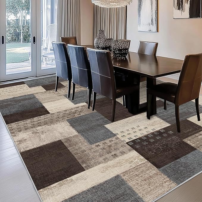 Modern Geometric Patchwork Indoor Area Rug for Living Room, Blue-Taupe 6'x 9' Large Rug Rockwood Collection Hardwood Floors Decor for Bedroom, Blue Throw Carpet for Office Entryway Dining Room