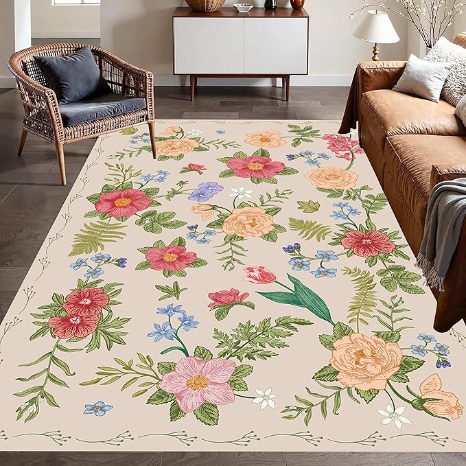 Rustic Flower Area Rug, 6x8ft, Classic Colorful Bohemian Floral Pattern with Beige Large Hall Botanical Rug, Non Slip No Crease Easy Care Girls Room Decor Carpet for Relax Room Bedroom