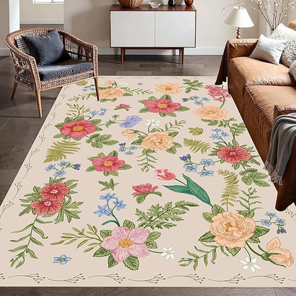 Rustic Flower Area Rug, 6x8ft, Classic Colorful Bohemian Floral Pattern with Beige Large Hall Botanical Rug, Non Slip No Crease Easy Care Girls Room Decor Carpet for Relax Room Bedroom