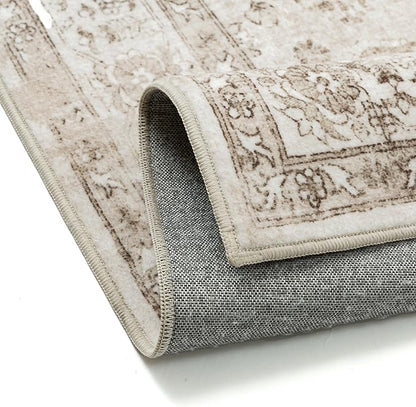 Taupe 8x10 Area Rug Washable Vintage Living Room Carpet Non Slip Retro Distressed Low Pile Soft Oriental Medallion Thin Large Throw Rug for Office Bedroom Dining Room Playroom