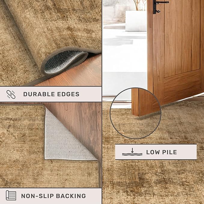 Farmhouse Kitchen Runners Rug 2x6, Washable Medallion Rug for Bathroom, Hallway, Entryway Indoor, Abstract Vintage Indoor Décor, Non Slip Rubber Backing, Stain Resistant Carpet (Gold Brown)