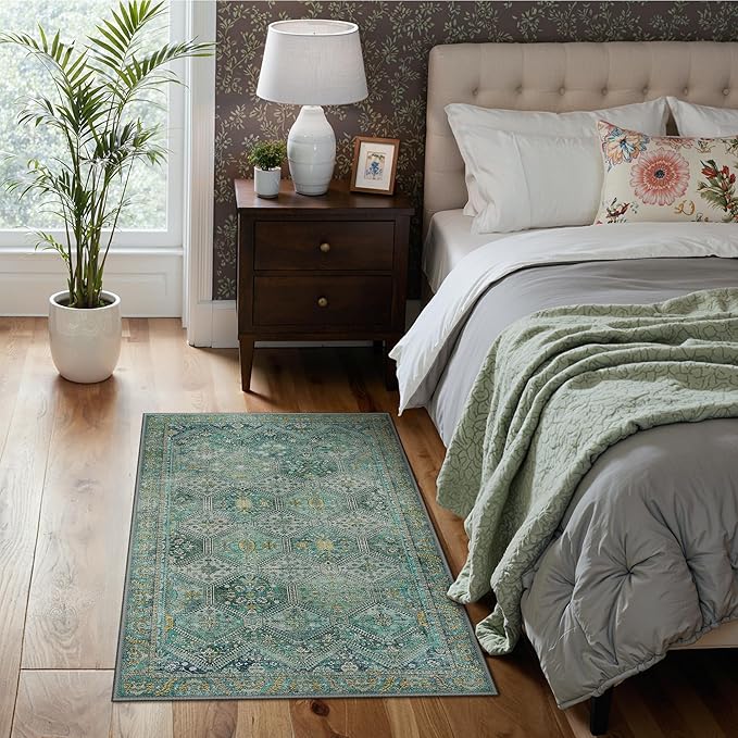 Bavni 3x5 Area Rugs for Living Room, Machine Washable Rug Non Slip, Vintage Chenille Distressed Print Carpet, Large Low Pile Ultra-Thin Lightweight Rugs for Bedroom, Dining Room, Home, Office, Cyan