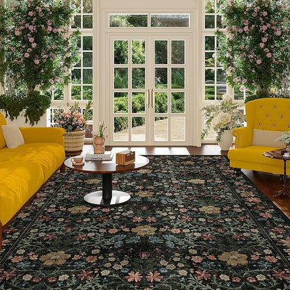 DUKINO 6x9 Rugs for Living Room, Vintage Washable Rug with Non Slip Backing, Floral Low Pile & Non-Shedding Large Area Carpets for Bedroom, Dining Room, Farmhouse, Home Office, Black