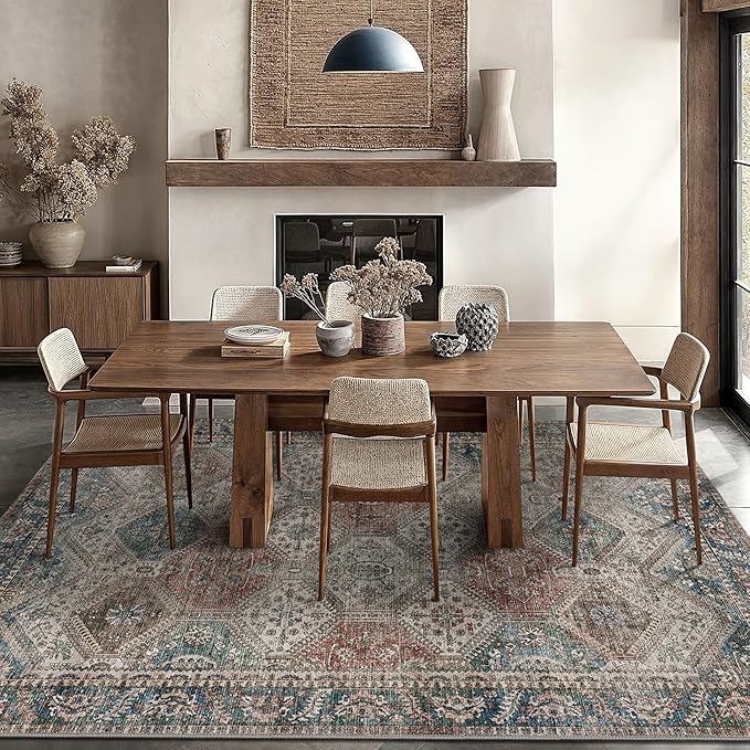 Bavni 6x9 Area Rugs for Living Room, Machine Washable Rug Non Slip, Vintage Chenille Distressed Print Carpet, Large Low Pile Ultra-Thin Lightweight Rugs for Bedroom, Dining Room, Home, Office, Red