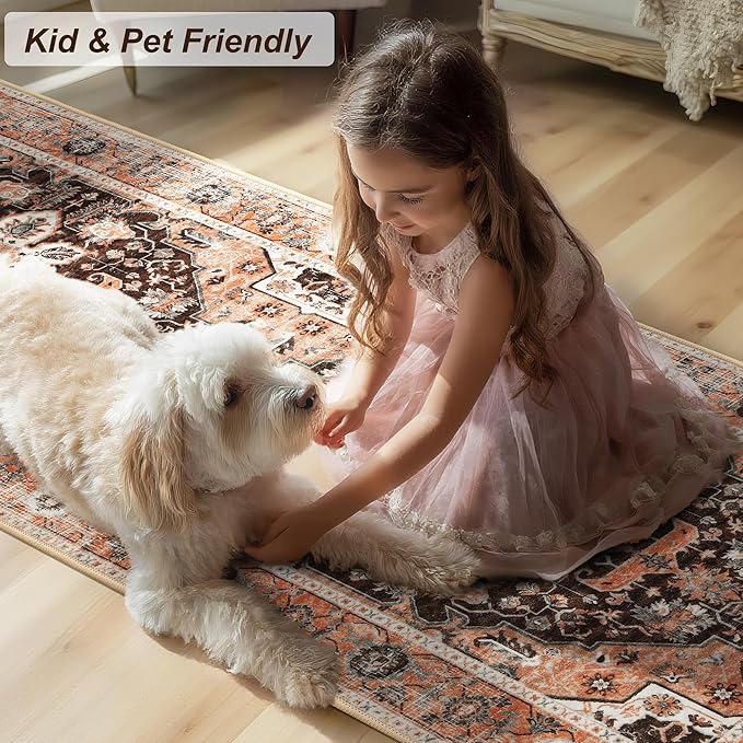 XWZO Washable Hallway Runner Rug 2x8ft — Non-Slip Low Pile Area Rug with Rubber Backing, Spill Resistant Soft Vintage Floor Carpet Runner for Kitchen Entryway Doorway Bedroom Corridor, Brick Red
