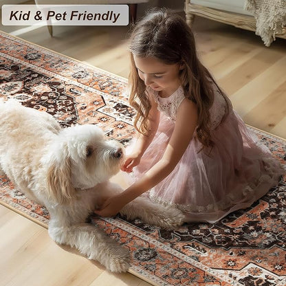 XWZO Runner Rug 2x6ft, Washable Hallway Runner with Non-Slip Backing, Vintage Spill Stain Resistant Floor Mat for Entryway Corridor Bedroom Kitchen, Soft Low-Pile Area Carpet, Brick Red