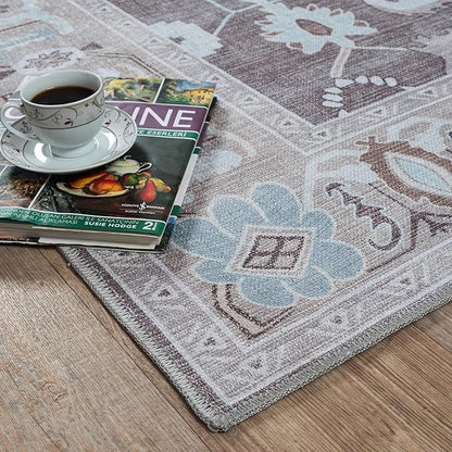 Brown Oushak Rug, Modern, Vintage, Turkish, Eclectic, Floral, Pastel, Washable, Area Rugs for Living Room, Dining, Bedroom, Nursery, Girls, Boys, 5'9"x8'9"