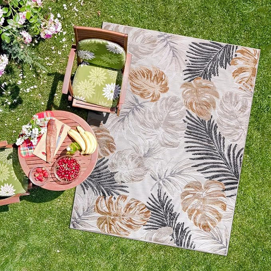 CAMILSON Indoor Outdoor Rug, Yellow 6’x9’ Leaf Tropical Botanical Area Rugs for Indoor and Outdoor patios, Easy-Cleaning Non-Shedding Living Room, Garden and Kitchen Washable Outside Carpet (6x9)