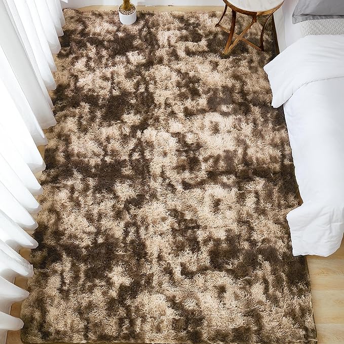 Andency 6x9 Area Rugs, Large Shag Fluffy Soft Shaggy Rugs for Living Room Bedroom, Non-Slip Tie-Dyed Brown Thick Plush Carpet for Kids Girls and Boys, Dorm Nursery Home Decor Aesthetic