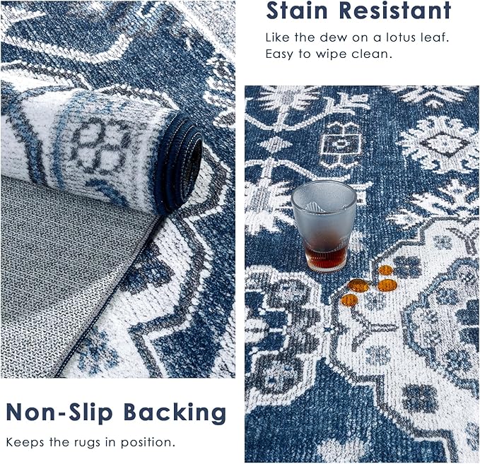 VK VK·LIVING Machine Washable Rug 5'x7' Vintage Design Washable Area Rugs with Non Slip Rugs for Living Room Bedroom Traditional Woven Carpet Stain Resistant Home Decor Office Boho Rug (Navy)