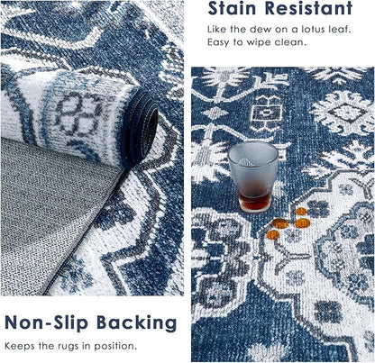 VK VK·LIVING Machine Washable Rug 2'x6' Vintage Design Washable Runner Area Rugs with Non Slip Rugs for Living Room Bedroom Traditional Woven Carpet Stain Resistant Dining Office Boho Rug, (Navy)