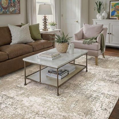 Beige Area Rug 4x6 Machine Washable Modern Abstract Office Carpet Neutral Non Slip Indoor Entry Low Pile Soft Non Shedding Small Mat Bedroom Throw Rug for Kitchen Laundry Dining Room