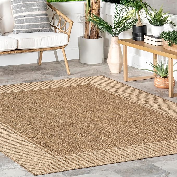 Nuloom Asha Light Brown/Ivory, 2' x 6', Casual, Striped Border, Soft and Cozy, High Traffic, Stain Resistant, Easy Clean, Durable Runner for Indoor/Outdoor Patio, Deck, Porch, Garden, Courtyard