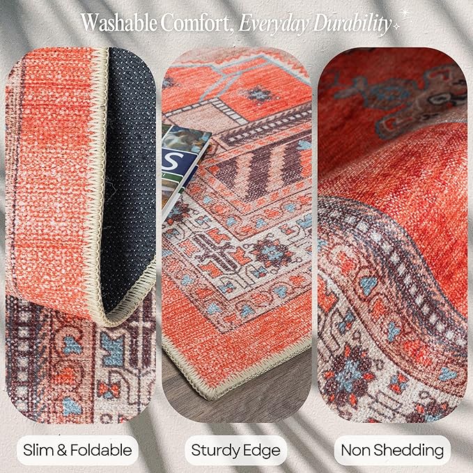 Fame Rugs Turkish Rug. Washable Vintage Oriental Antique Inspired Traditional Doormat Small Modern Area Rugs Luxury Entryway Entry Bedroom Bathroom Kitchen (380TT, 4'9 x 6'9)