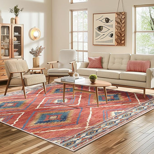 Area Rug 8x8 Rug Machine Washable Non-Slip Low Pile Print Pattern Western Rug for Living Room Bedroom Entryway Tribal Series -Red/Orange